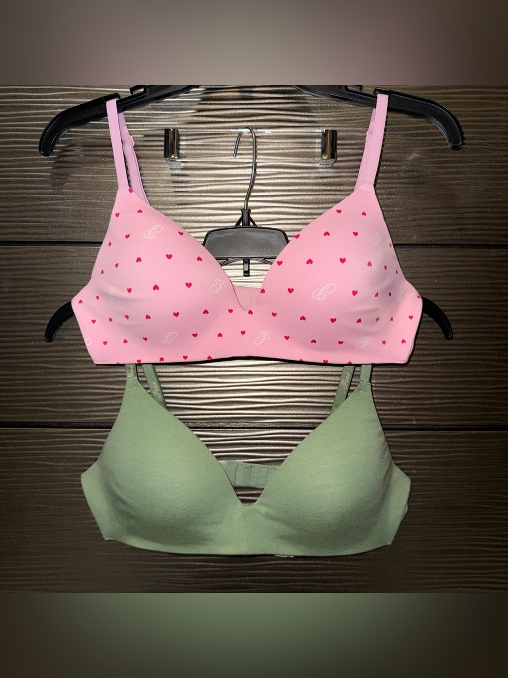 PINK Victoria's Secret Pink Heart Print Bra & Sage Green Smooth Bra